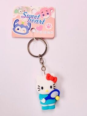 3D Silicone Hello Kitty Figurine Tennis Player Bow Keychain Bag Charm Red Blue